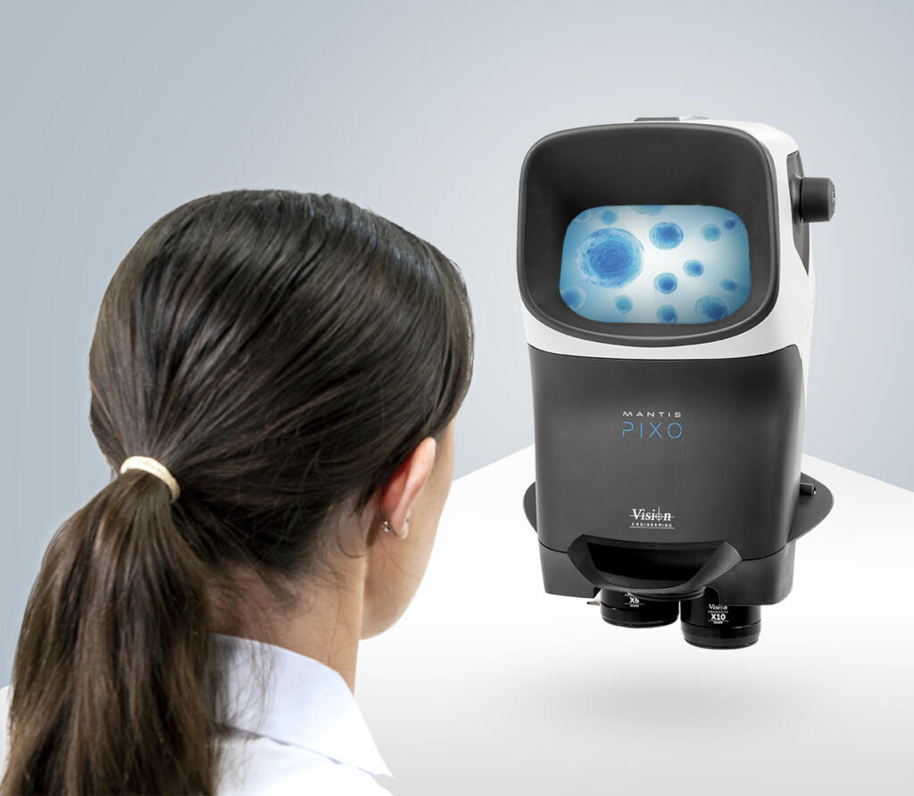 Researcher looking into Mantis PIXO head - blue cell sample in viewer